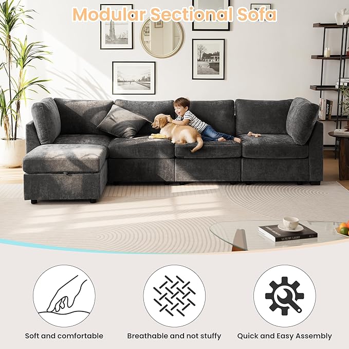 TEKAMON 123" Modular Sectional Sofa,Extra Large Comfy Cloud 4-Seat Deep Seat, Reversible Chaise Modular Sectional Couches for Living Room and Apartmenr,Grey
