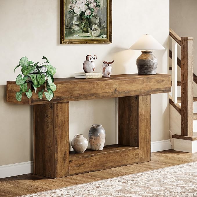 Tribesigns 63" Console Table, Farmhouse 2-Tier Entryway Table with U-Shaped Base, Narrow Long Wood Sofa Table Behind Couch Table for Living Room, Hallway, Foyer, Vintage Brown