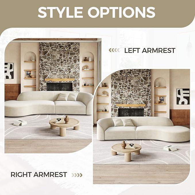 Luxury Curved Sofa Couch – Modern Upholstered Sectional Sofa, Designer L Shaped Couch with Plush Microfiber, High-Density Foam & Solid Wood Frame (Ivory Right-facing, 94"L x 43"W x 30"H)