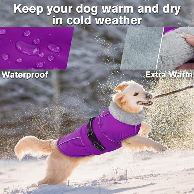 Lelepet Warm Dog Coat Reflective Fleece Vest Waterproof Dog Jacket with Adjustable Buckle Hook & Loop Windproof Cold Weather Coats for Small Medium Large Dogs, Purple, XL