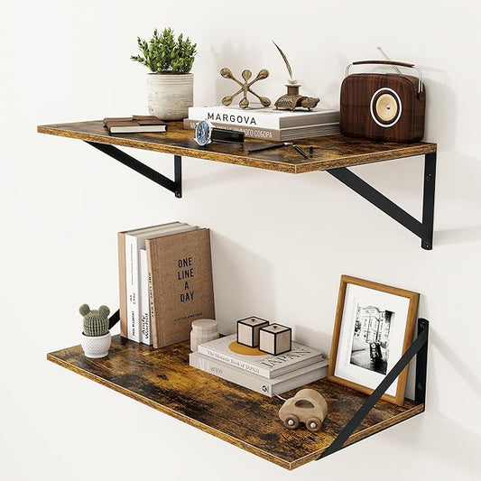 Heimlove Deep Floating Shelves for Wall, 24W x 12D Wood Wall Shelves Set of 2, Wide Floating Bookshelf for Living Room, Kitchen, Office, Bedroom and Decor Storage, with Metal Bracket - Rustic Brown
