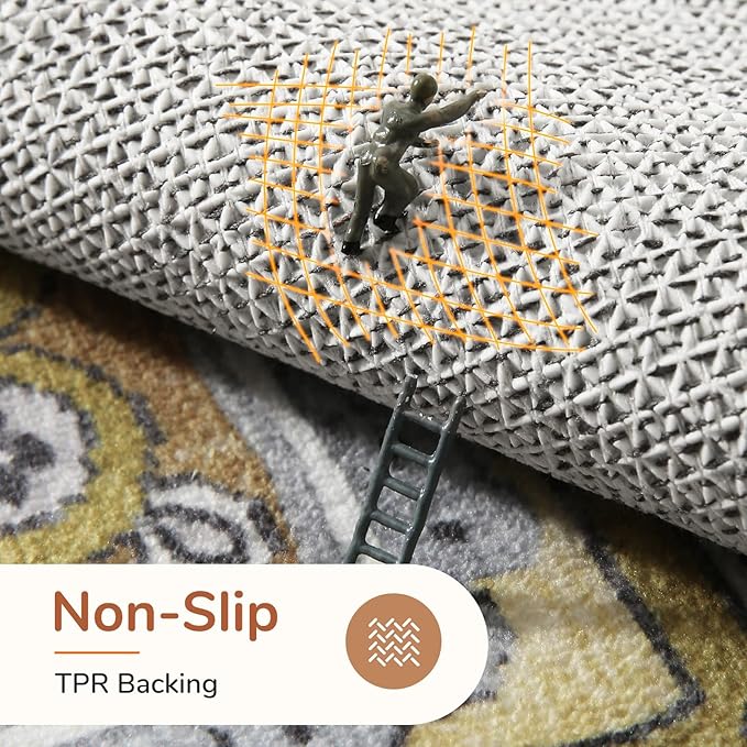 OPPODREAM Thin 8x10 Area Rugs, Washable Rugs 8x10 with Non Slip Backing, Faux Cashmere Low-Pile 8 x 10 Carpet, Yellow