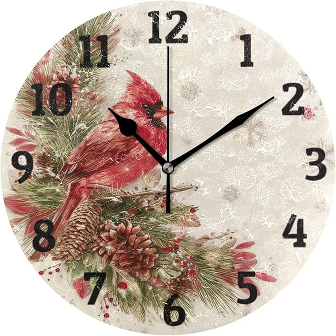 Christmas Wall Clock Red Cardinals Silent Non Ticking Wall Clock Winter Birds Decorative Battery Operated Wall Clocks 10 Inch for Home Kitchen Bedroom Living Room Office