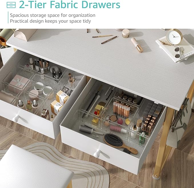 Makeup Vanity Desk No Mirror with Chair for Girls, White Small Vanity Table Set with Fabric Drawers, Power Outlet Without Mirror, Modern Make Up Desk for Bedroom