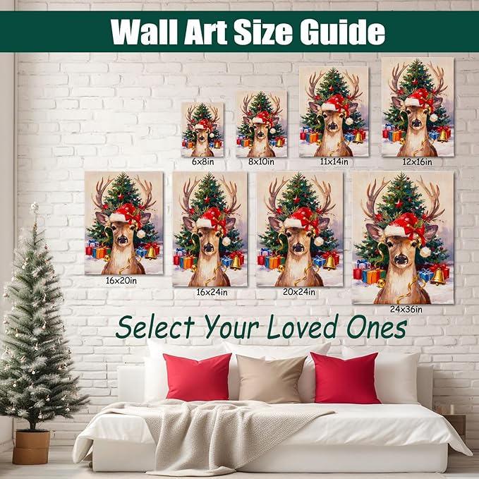 Vintage Reindeer Christmas Canvas Wall Art - Rustic Winter Deer in Snow Forest Framed Print, Cozy Christmas Wall Decor for Living Room, Unique Christmas Gifts & Festive Decorations