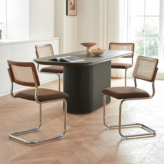 Brown Rattan Dining Chairs Set of 4,Wooden Mid-Century Modern Kitchen Chairs, Mesh Back Cane Dining Room Chairs, Cesca Chair with Metal Chrome Legs