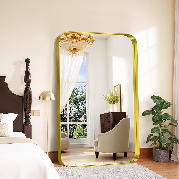 FORBATH 60x36 Inch Large Bathroom Mirror for Double Sinks, Brushed Gold Deep Frame Wall Mirror with Rounded Corners, Anti-Rust Tempered Glass for Modern Farmhouse Vanity (Horizontal/Vertical)