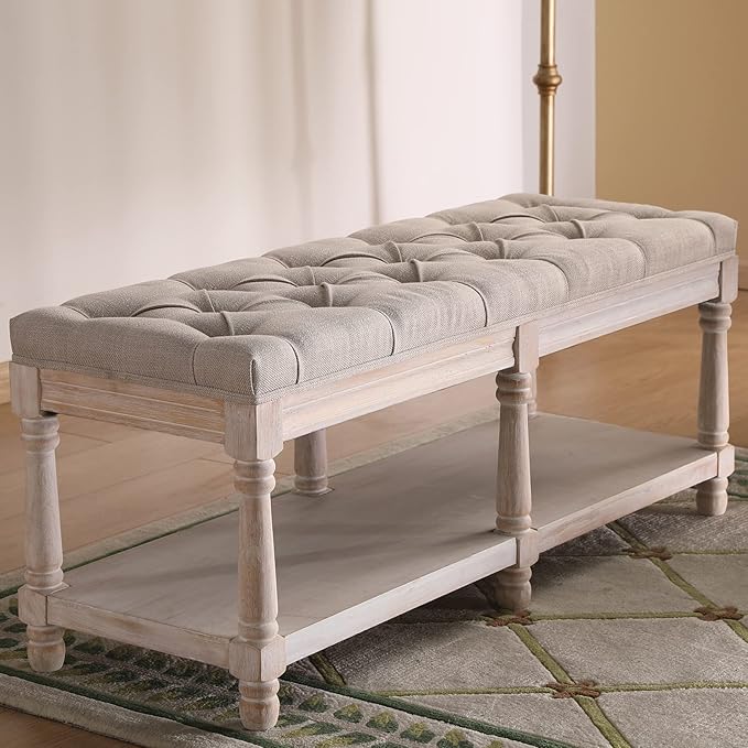 Mid Century Tufted Storage Bench with Shelf, Linen Upholstered Farmhouse Entryway Shoe Bench Ottoman Bed End Stool with Padded Seat, Rustic Bench for Bedroom Living Room Dining Room, Beige
