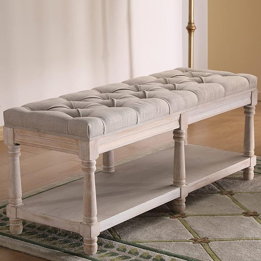 Mid Century Tufted Storage Bench with Shelf, Linen Upholstered Farmhouse Entryway Shoe Bench Ottoman Bed End Stool with Padded Seat, Rustic Bench for Bedroom Living Room Dining Room, Beige