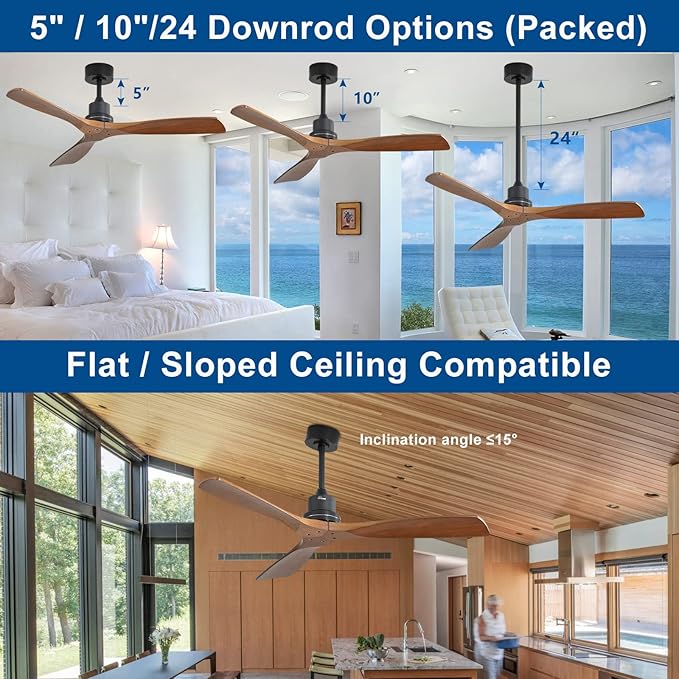 Sofucor Ceiling Fan no Lights, 52 Inch Low Profile Flush Mount Modern Wood Ceiling Fan with Remote for Indoor Farmhouse Bedroom Living Room Outdoor Patio Porch, Reversible DC Motor, Noiseless