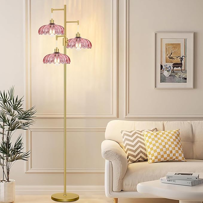 Vintage Floor Lamps for Living Room-3 Light Gold Dimmable Floor Lamp with Three Bulbs & Glass Lampshape, Mid Century Modern Standing Lamp Tree Tall Flower Floor Lamp for Bedroom Living Room,Corner