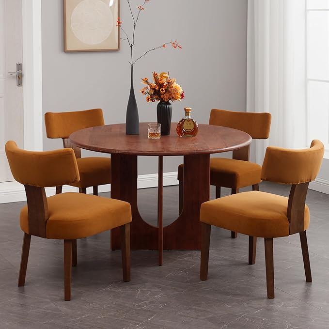 Velvet Dining Chairs Set of 4 Modern Dining Chair with Wood Legs, Upholstered Dining Chairs for Dining Room, Kitchen, Vanity, Living Room, Yellow Brown