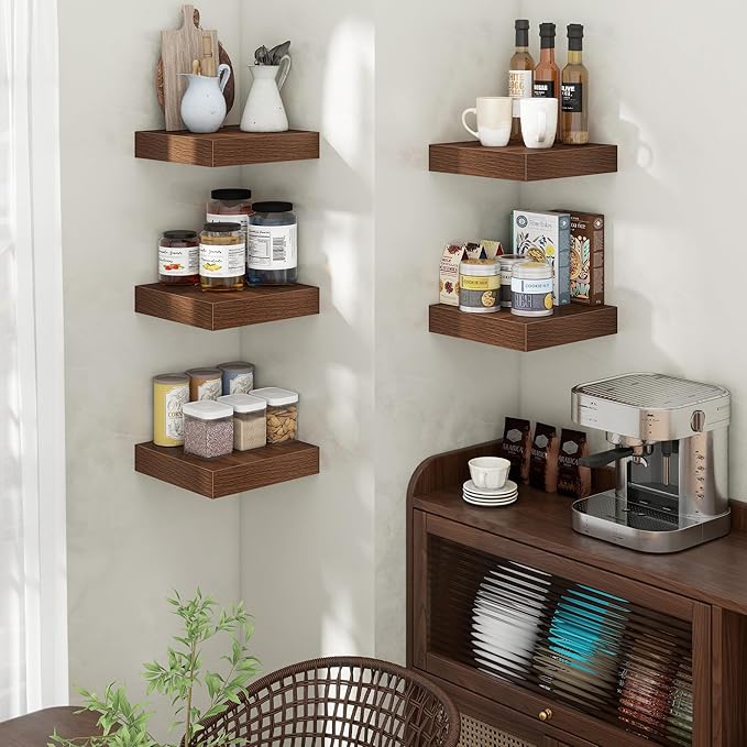 Square Floating Shelves for Wall, 12" W x 12" D x 2" H, 2 Pack, Small Wall Mounted Engineered Wood Shelves with Invisible Brackets for Living Room, Bedroom, Bathroom, Kitchen Decor, Walnut