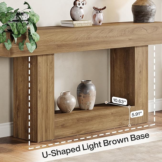 Tribesigns 63" Console Table, Farmhouse 2-Tier Entryway Table with U-Shaped Base, Narrow Long Wood Sofa Table Behind Couch Table for Living Room, Hallway, Foyer, Light Brown