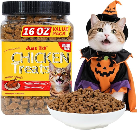 Just Try 16 OZ Cat Treats for Indoor Cats, High Protein Low-Calorie Cat Snacks, Healthy Crunchy Treats, Grain Free Natural Chicken Flavor