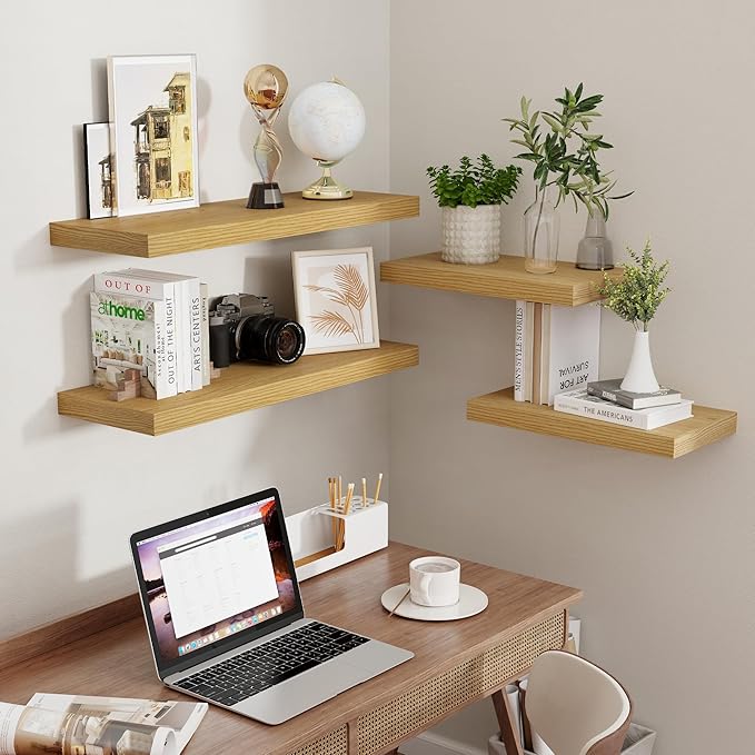 Floating Shelves 16 Inch Long, Wall-Mounted Bathroom Shelves Set of 2, 9.3 Inch Deep Shelf for Home Storage & Display, Wooden Deep Wall Shelves for Bedroom, Living Room, Kitchen, Oak Color