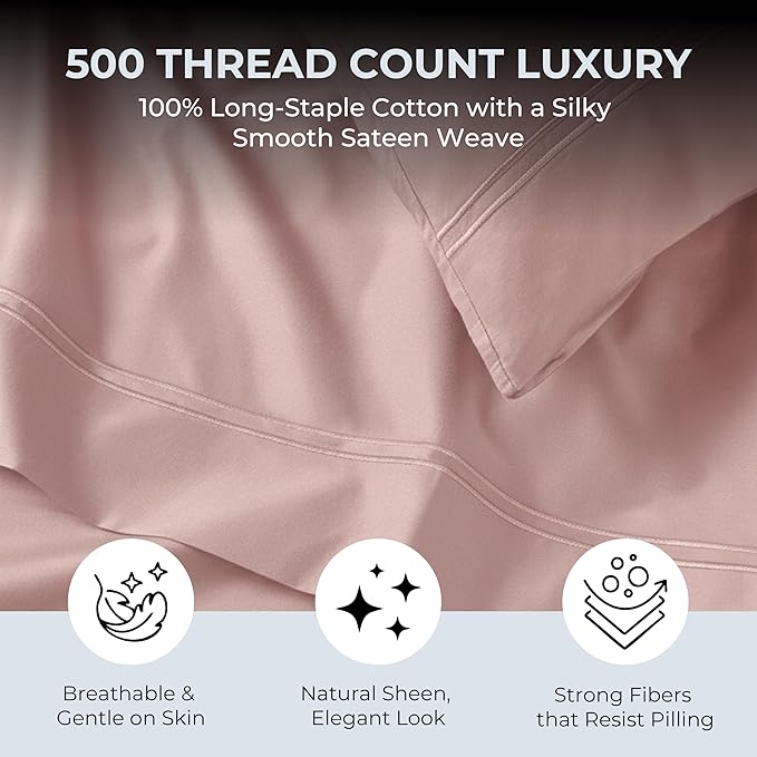 100% Natural Cotton Bed Sheets | 500 TC Single-Ply Sateen Weave Full Size Sheets | Soft, Breathable, Hypoallergenic Solid 4-Piece Bedding with Deep Pocket Fitted, Flat, Pillowcase | Blush