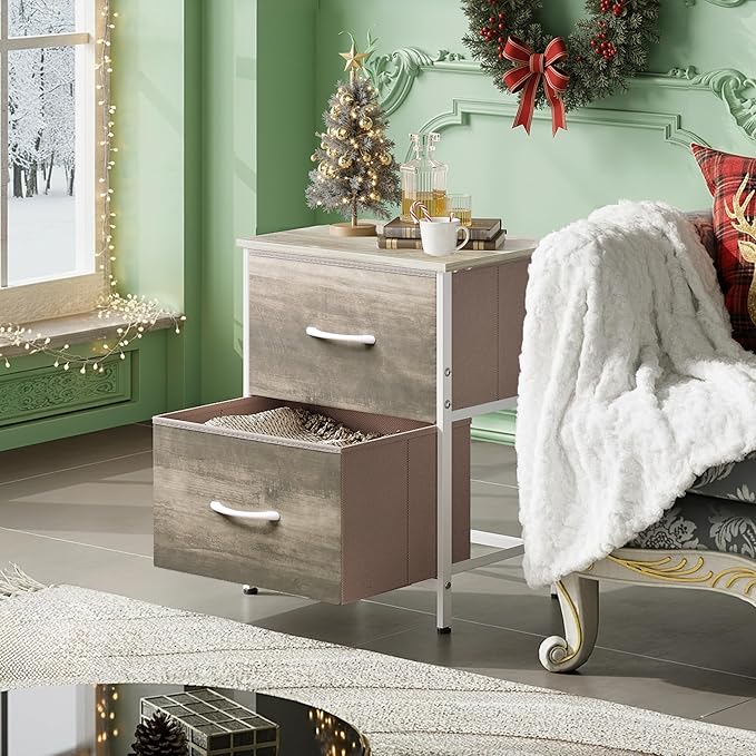 WLIVE Nightstand, 2 Drawer Dresser for Bedroom, Small Dresser with 2 Drawers, Bedside Furniture, Night Stand, End Table with Fabric Bins for Bedroom, Closet, College Dorm, Greige Oak