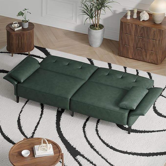 89” Futon Sofa Bed,Futon Couch Bed with 2 Square Pillows,Convertible Sleeper Sofa with Adjustable Backrest& Armrests, Modern Loveseat Sleeper for Living Room, Bedroom,Faux Leather Green
