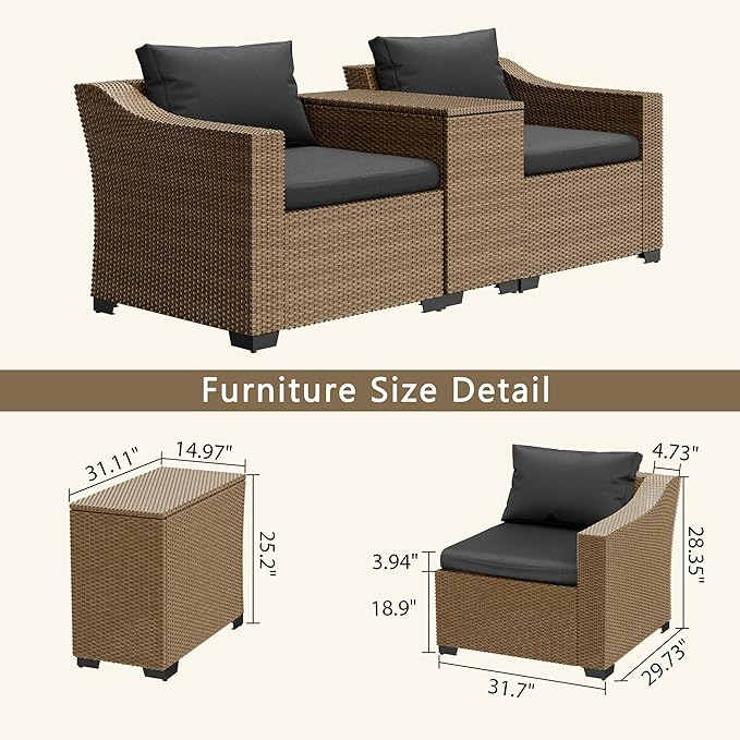 LHBcraft Patio Conversation Set Rattan Outdoor Sectional Furniture Sofa Set Wicker Couch with Coffee Table and Cushions for Poolside, Backyard (Yellow-Black, 3-PCS)