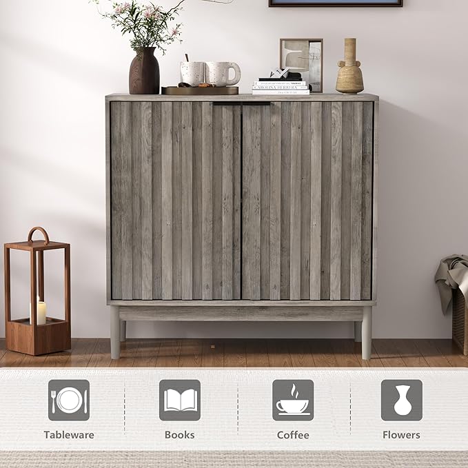 Fluted Cabinet with Storage, Small Buffet Cabinet Sideborad with Door, Kitchen Buffet Storage Accent Cabinets with Adjustable Shelves for Living Room, Entry, Hallway, Gray