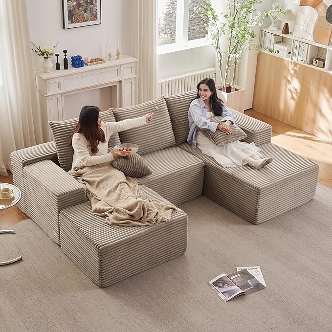 107" U-Shape Cloud Couch, Modern Modular Sectional Comfy L-Shape Sofa with Ottoman, Deep Seat, Upholstered Corduroy Sleeper Chaise Longue for Living Room Bedroom, No Assembly Required, Camel