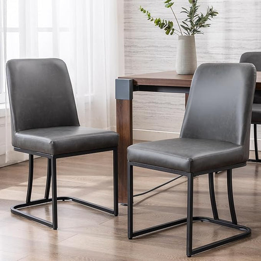 Charcoal PU Leather Dining Chairs Set of 2 Mid Century Modern Comfortable Dining Room Chair with Curved Backrest, Upholstered Kitchen Side Chairs with Black Metal Legs