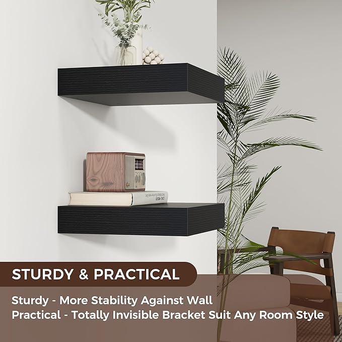 Square Floating Shelves for Wall, 12" W x 12" D x 2" H, 2 Pack of Small Wall Mounted Engineered Wood Shelves with Invisible Brackets for Living Room, Bedroom, Bathroom, Kitchen Decor, Black