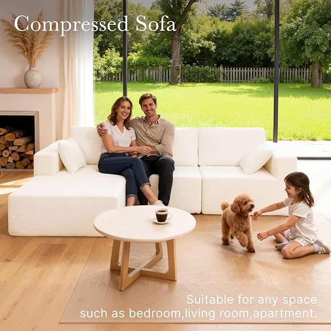 108” Modular Sectional Sofa Couch with Ottoman, 3-Seater Boneless Couch, L Shape Sectional Sofa Compressed Sofa for Living Room Bedroom, No Assembly Needed (White, 3 Seats+1 Ottoman)