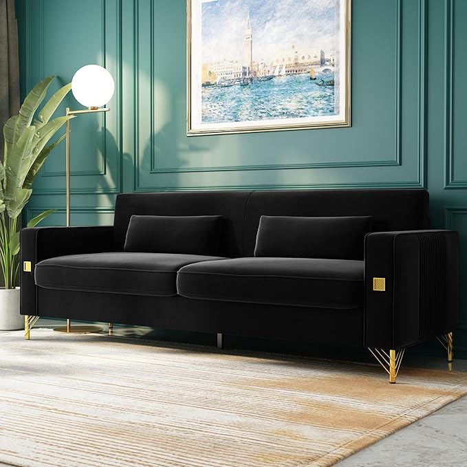 2PCS 85" Black Velvet Sofa Set,Modern Loveseat Couch with Pillows Set of 2 for Living Room,Bedroom,Apartment Furniture with Gold Metal Legs