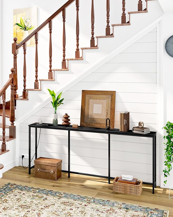 70.9" Narrow Console Table with Power Outlet 7.1" Skinny Sofa Table, Long Behind Couch with Charging Station for Hallway, Living Room Black TXG18UBB