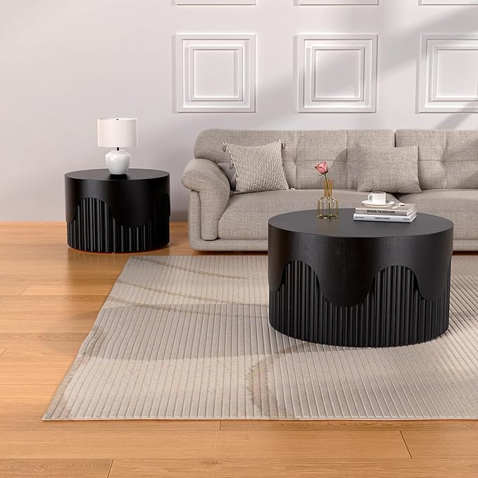 Round Nesting Coffee Table Set of 2, Round Fluted Coffee Tables for Living Room Modern Nesting End Side Tables for Small Spaces (E Black)