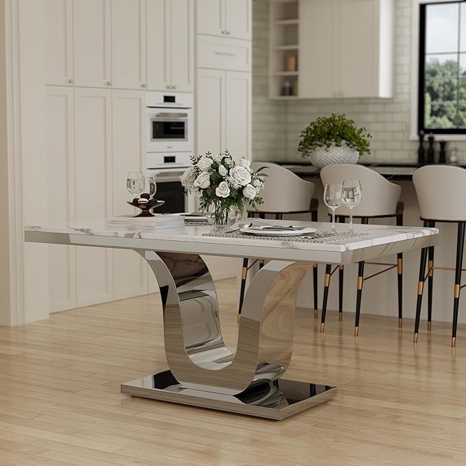 Modern Dining Room Table with Silver Stainless Steel Metal U-Base in White Silver
