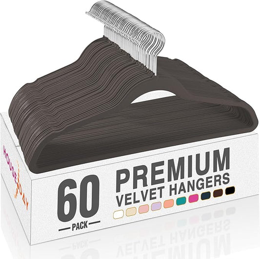 HOUSE DAY Taupe Velvet Hangers 60 Pack, Non Slip Clothes Felt Hanger Heavy Duty for Coat, Premium Slim Space Saving Suit Hangers for Closet Organizer, 360° Rotating Silver Hook