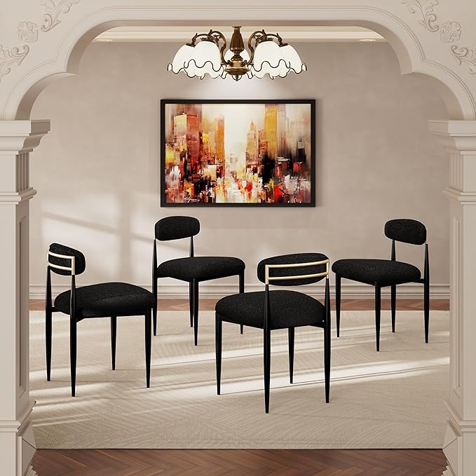 Morden Fort Black Dining Chairs Set of 4, Boucle Upholstered Chairs with Curved Backrest and Metal Frame for Dining Room, Kitchen, Apartment