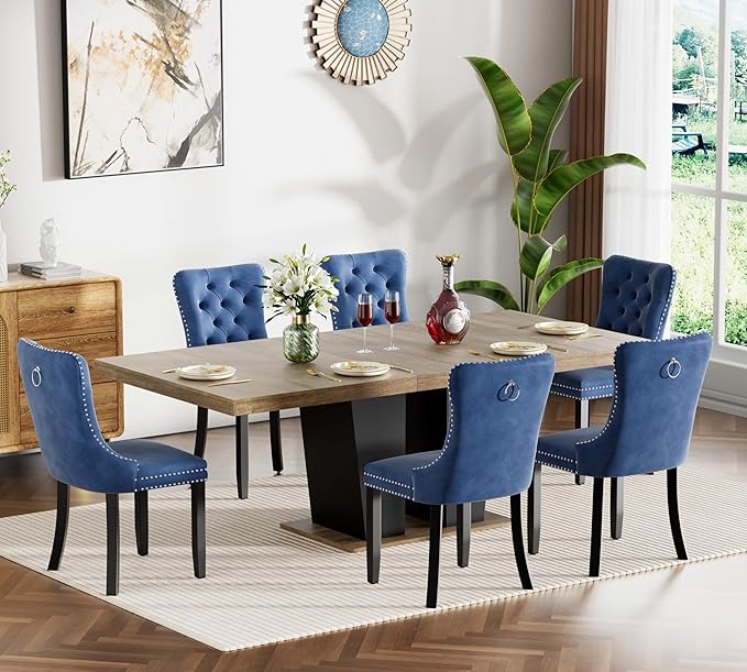 Goujxcy 7-Piece Extendable Dining Table Set for 6-8 People 63-78 Inch Kitchen Table Set with 6 Velvet Upholstered Chairs Farmhouse Rectangular Dining Room Table Set for Kitchen Dining Room Apartment