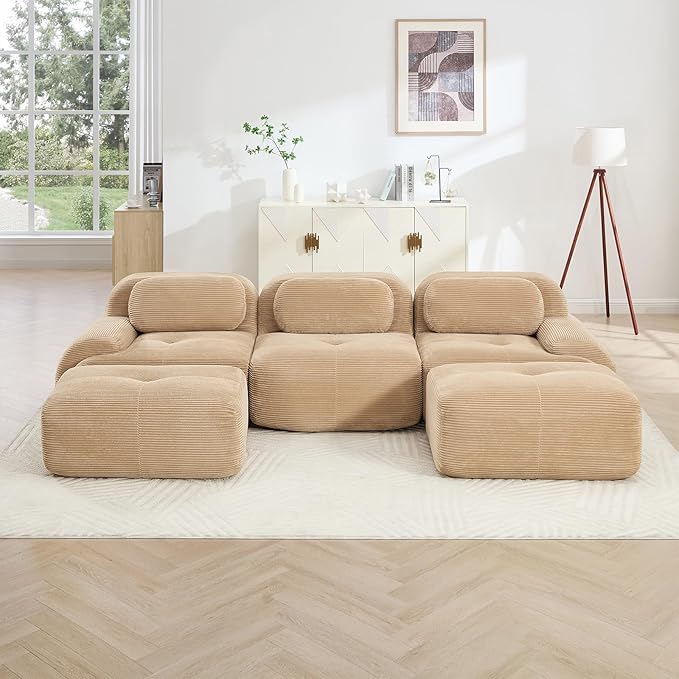 116" Modern Corduroy Cloud Sofa with Ottoman, U Shaped Boneless Modular Large Sectional Couches for Living Room, Camel 3 Seater Compressed Memory Foam Couch, Extra Deep Seat, No Assembly