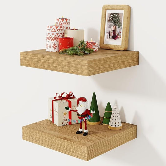 Fun Memories 12 Inch Floating Shelf, Rustic Wood Wall Shelves for Wall Decor & Storage, 12 x 12 Floating Shelf for Living Room, Bathroom, Bedroom, Oak, Set of 2
