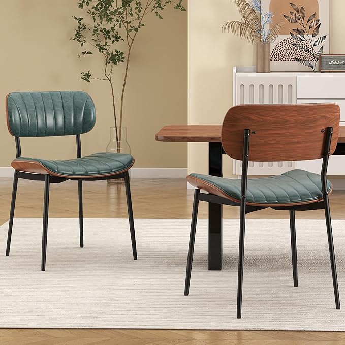 Mid Century Modern Dining Chairs Set of 2,Upholstered Faux Leather Kitchen Chairs with Walnut Bentwood Back and Metal Legs for Kitchen Dining Room Living Room, Green