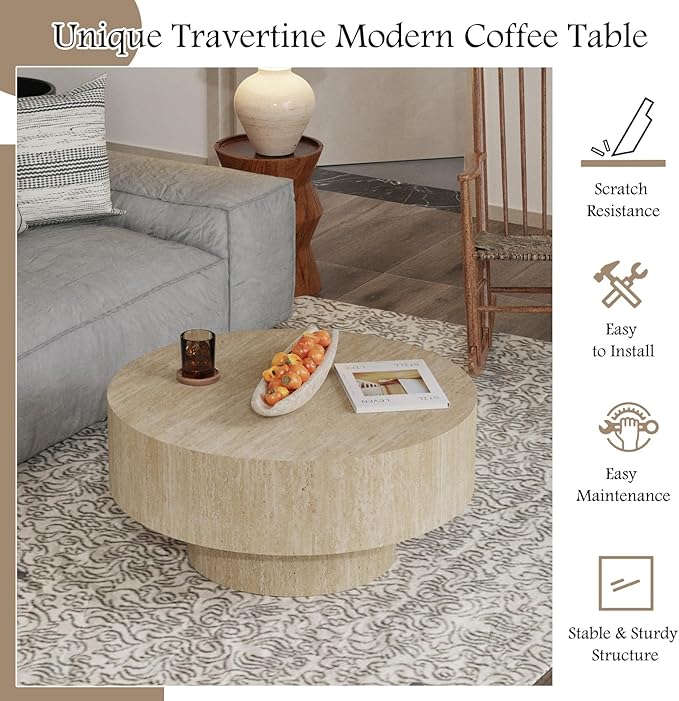 Travertine Coffee Table 29.92" Modern Round Coffee Table for Living Room, Small Circle Coffee Table Drum Center Table End Table for Apartment Office Farmhouse (Round)