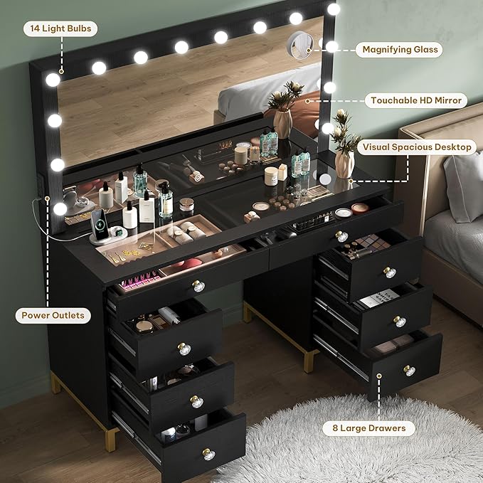 DWVO Black Vanity Desk with Mirror: Makeup Table Set with 14 LED Lights & Charging Station Magnifying Mirror, 3 Light Modes, 8 Drawers and Storage Stool