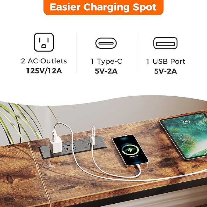 SUPERJARE 70 Inch Console Table with Outlet, Sofa Table with Charging Station, Narrow Entryway Table, Skinny Hallway Table, for Living Room, Rustic Brown