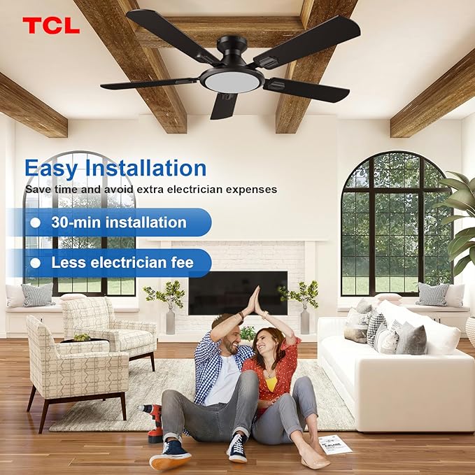 TCL Ceiling Fans with Lights, 52 Inch Low Profile Ceiling Fan with Light and Remote Control, Flush Mount, DC Reversible Motor, Noiseless, 6 Speeds Ceiling Fan for Bedroom (Black)