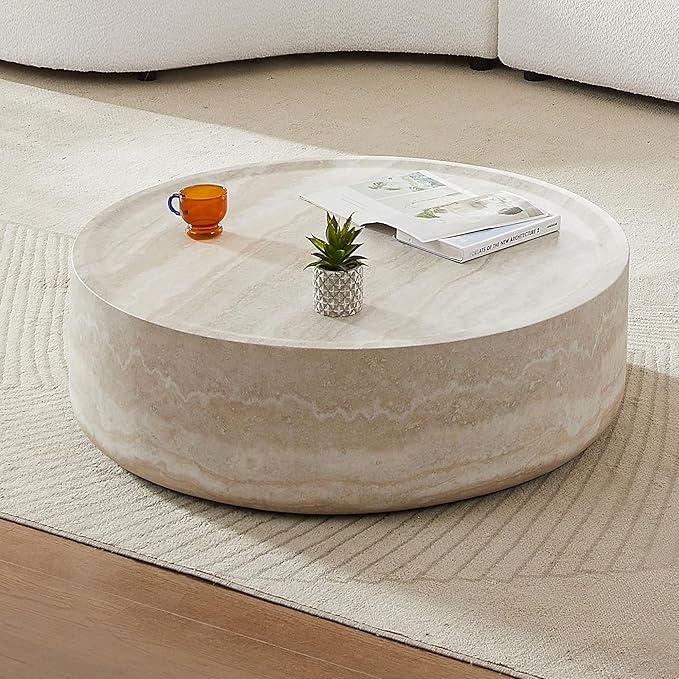 Round Coffee Table 31.49'' Marble Pattern Drum Shaped Coffee Table Fiberglass Cocktail Table Center Table for Living Room ome Office, Fully Assembled, White