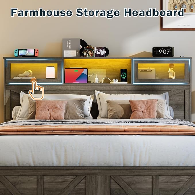 Yoobure Farmhouse Queen Bed Frame with Headboard - Bed Frame Queen Size with Charging Station & LED Lights, Wood Bedframe Queen-Size with 2 Storage Drawer, Platform Beds, No Box Spring Needed, Grey