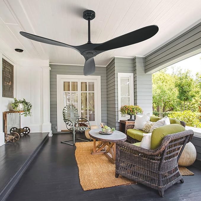 Outdoor Ceiling Fan Without Light, 60 Inch Smart Ceiling Fan with Remote & Voice Control for Alexa/Google, 3-Blade Wood Fan, Quiet DC Motor, 6 Speeds for Patio, Porch, Farmhouse, Black