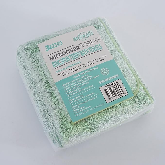 Ring Spun Terry Microfiber Bath Towel Set, 3 Piece, Oversize, Quick Dry, Lint Free, Includes Bath, face, and Hand Towels (Green)