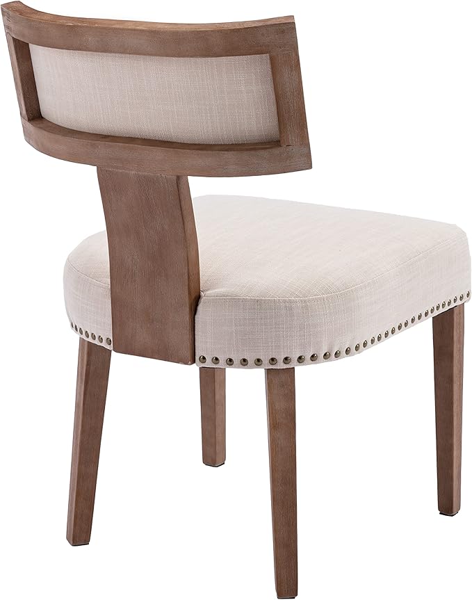 Mid Century Modern Dining Chairs Set of 2 Linen Fabric Upholstered Kitchen Side Chairs with Nailhead Trim, Modern Kitchen Armless Solid Wood Dining Chairs, Beige