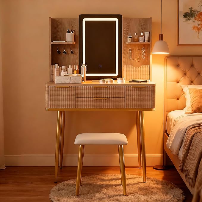 Casaphoria Vanity Desk with LED Mirror Lights, 4 Drawers & Jewelry Storage, Yellow Brown Makeup Dressing Table with Metal Legs and PU Stool for Bedroom Girls Women