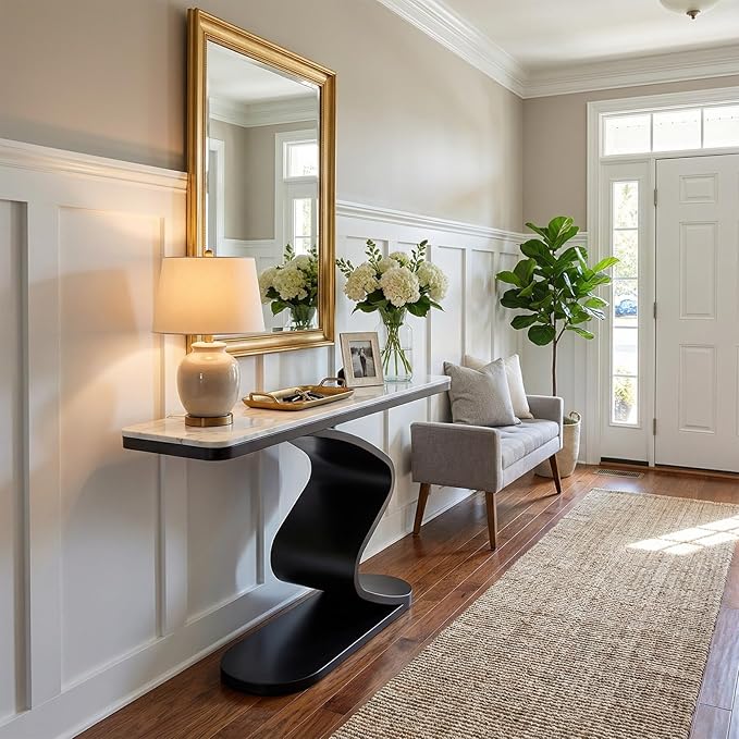 Modern Console Table with Sintered Stone Top, 47" Entryway Table with Sculptural S-Shaped Base Narrow Hallway Sofa Table Behind Couch for Living Room, Accent Furniture(Black,47.2"x11.8"x31.5")